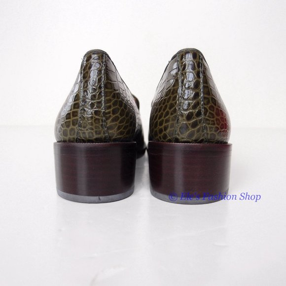 NIB Tory Burch Eleanor Heeled Loafer Croc Embossed Leather Leccio Green US7.5 - Picture 12 of 13